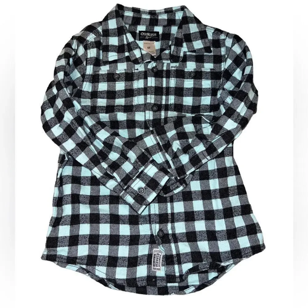 OshKosh B'gosh Toddler 5T Mint Green Black Plaid‎ 100% Cotton Flannel Shirt